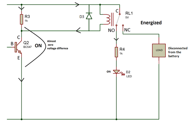 Circuit Diagrm showing Relay operation in Battery Over Discharge Protection